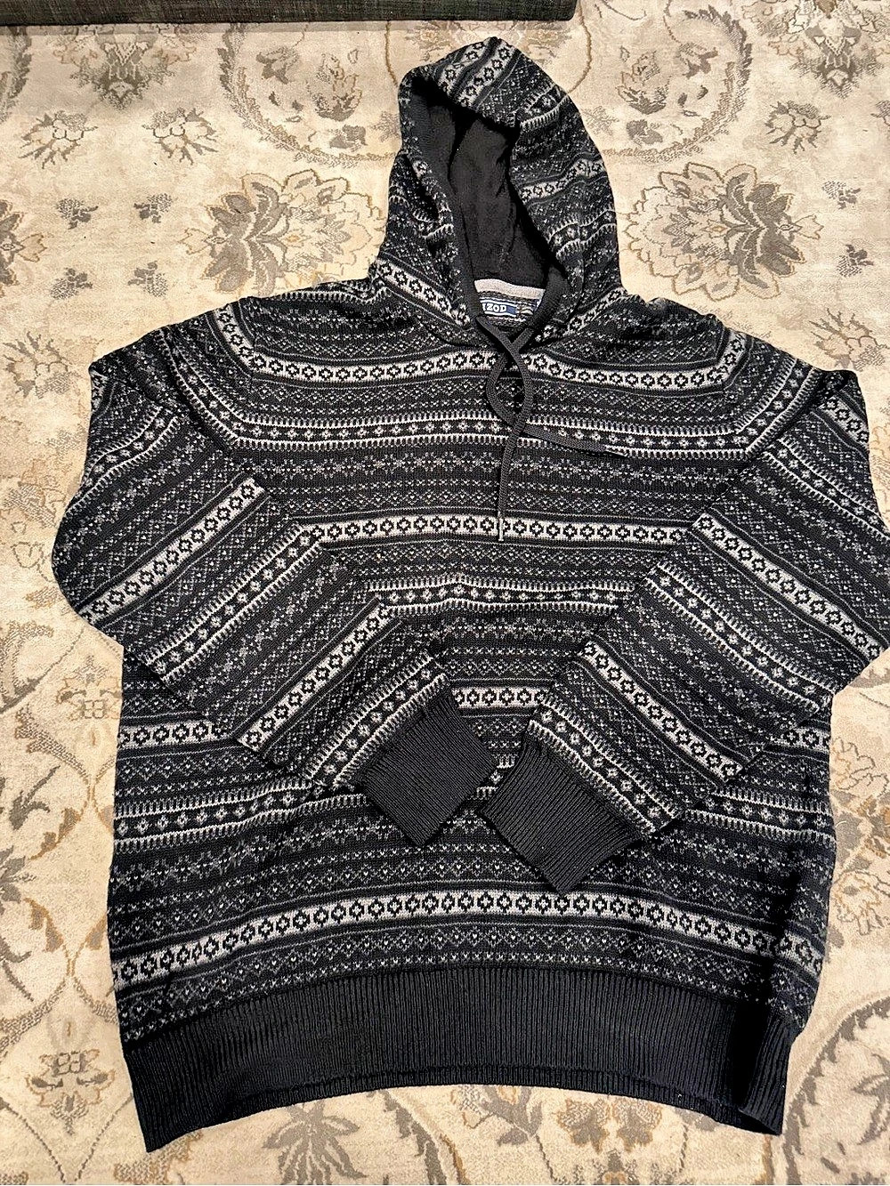 IZOD Fair Isle Hooded Sweater Black & Gray Large